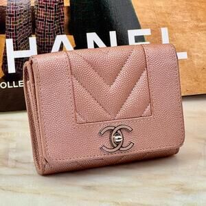 CHANEL Caviar Skin Mademoiselle V Stitch Folding Wallet